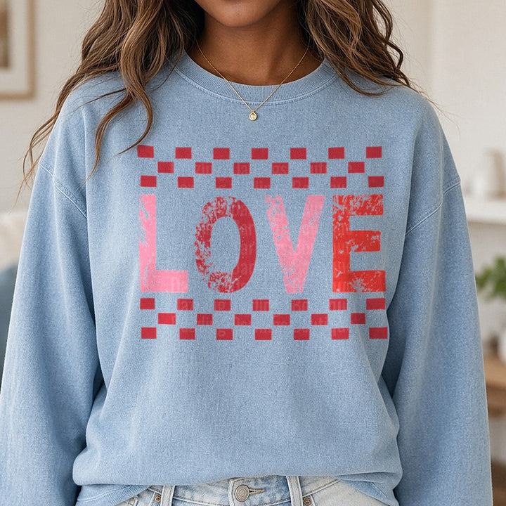 Love Retro Check Valentines Day DTF transfer shown on a Comfort Colors sweatshirt