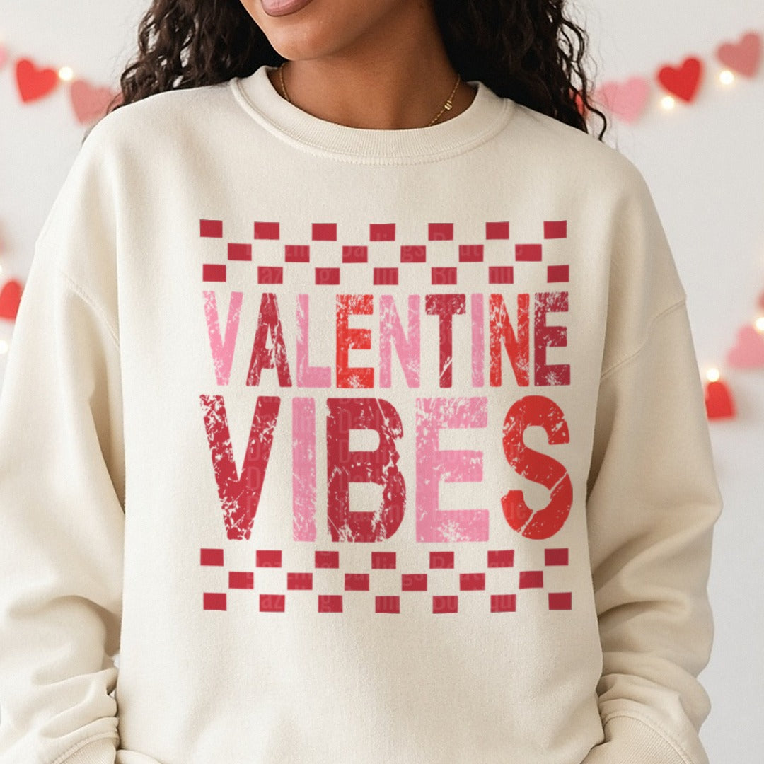 Valentine Vibes Retro Check Valentines Day DTF transfer shown on a Comfort Colors sweatshirt