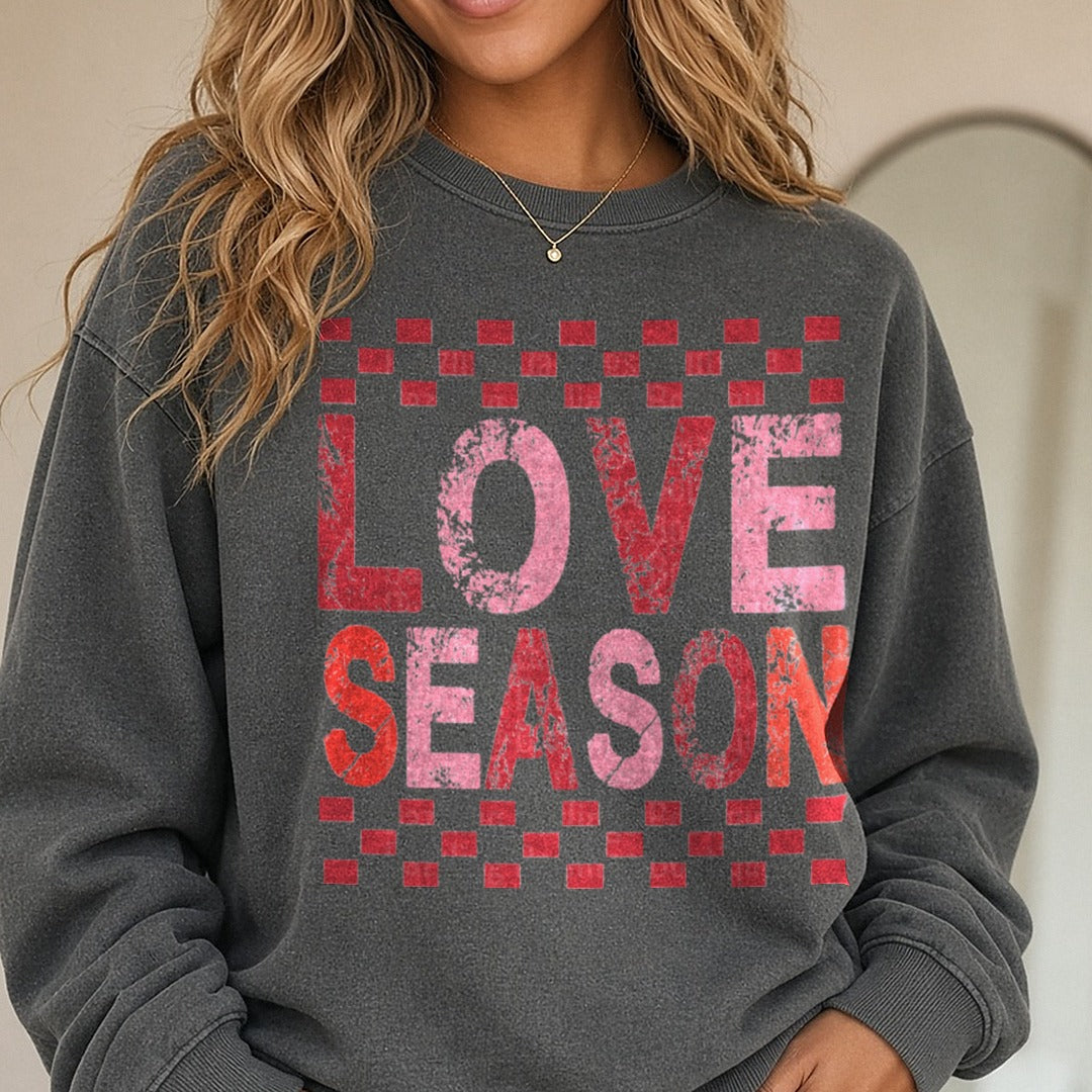Love Season Retro Check Valentines Day DTF transfer shown on a Comfort Colors sweatshirt