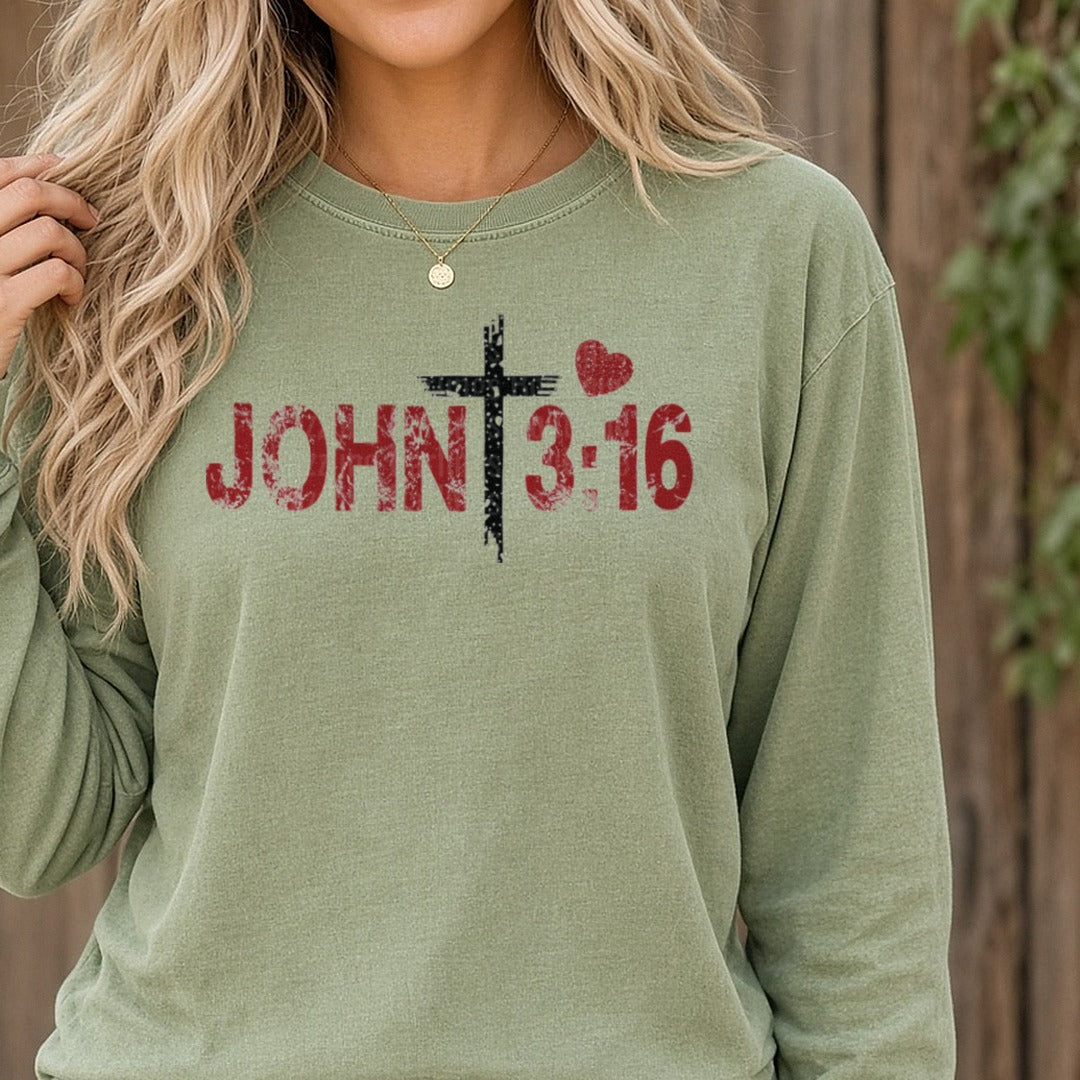 John 3:16 Valentines Day DTF transfer shown on a Comfort Colors long sleeve tee