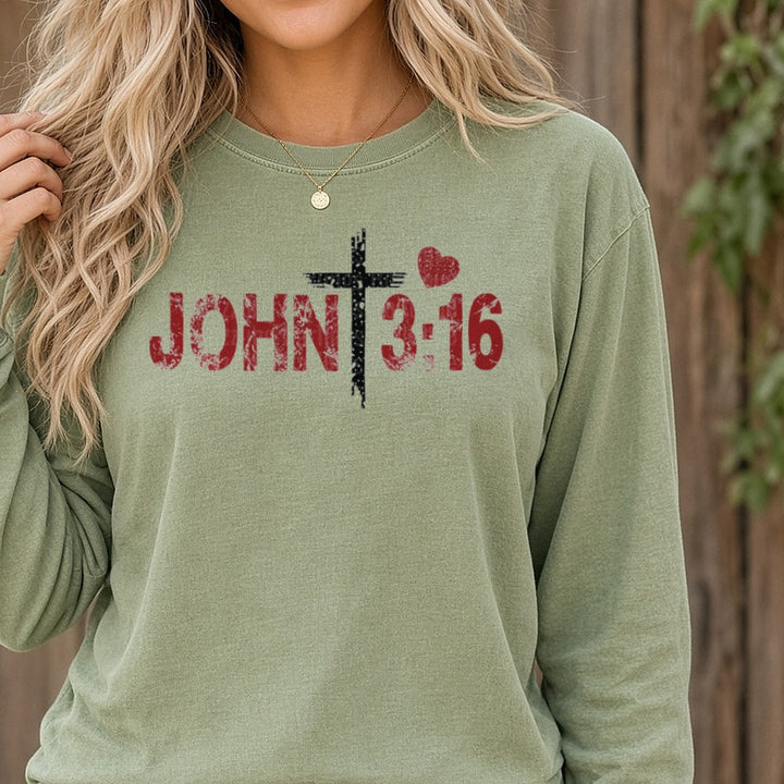 John 3:16 Valentines Day DTF transfer shown on a Comfort Colors long sleeve tee