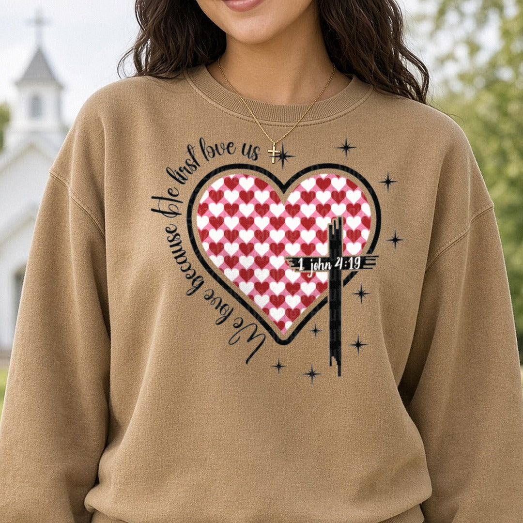 Retro Heart Cross Valentines Day DTF transfer shown on a Comfort Colors sweatshirt