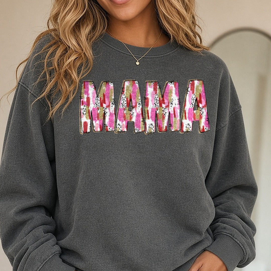 Mama Doodle Brushstroke Valentines Day DTF transfer shown on a Comfort Colors sweatshirt