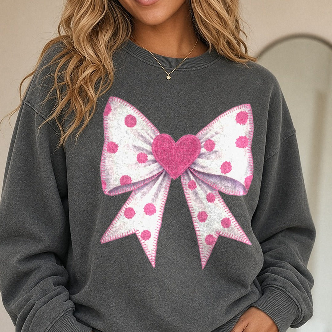 Stitched Heart Coquette Bow Valentines Day DTF transfer shown on a Comfort Colors sweatshirt