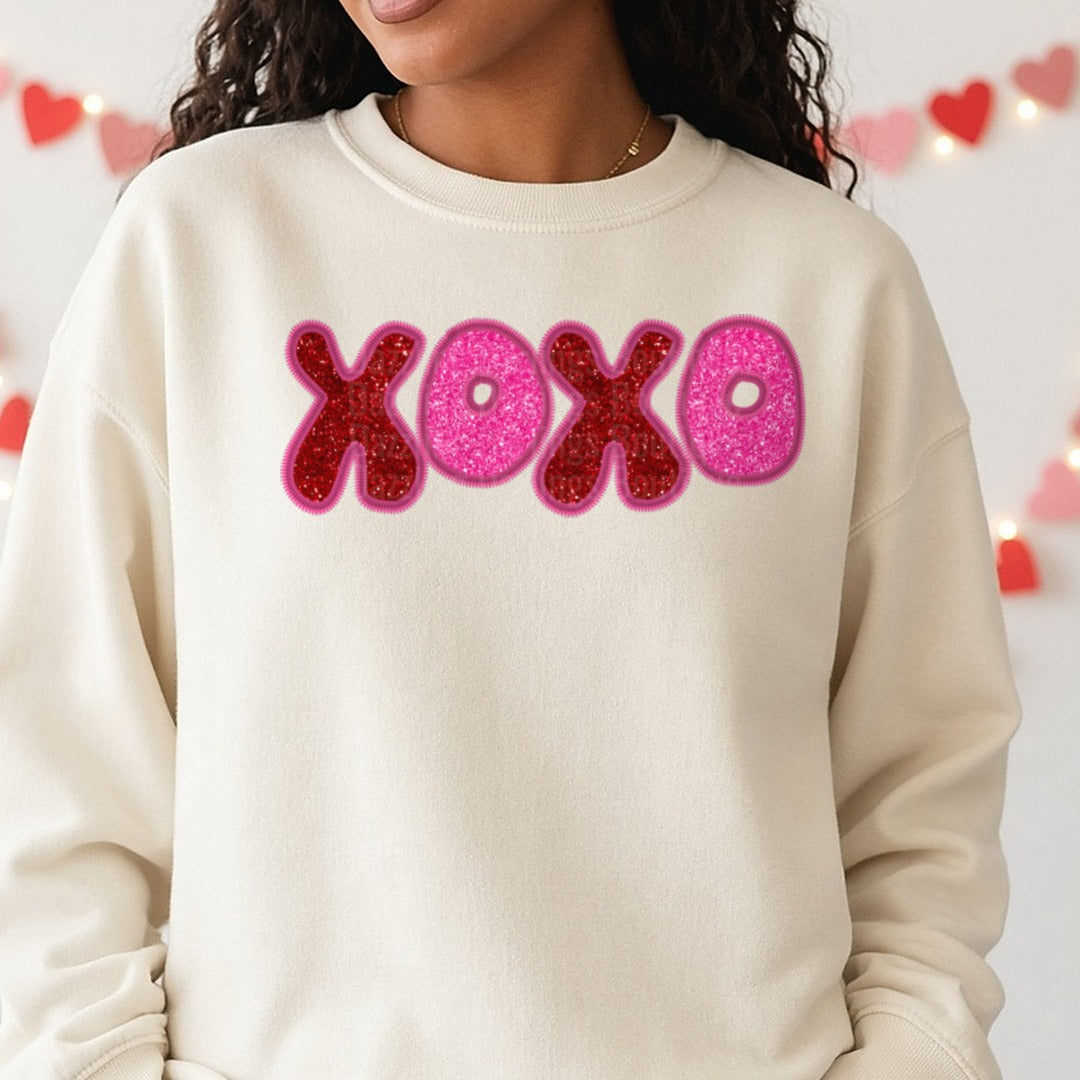 Xoxo Valentines Day DTF transfer shown on a Comfort Colors sweatshirt