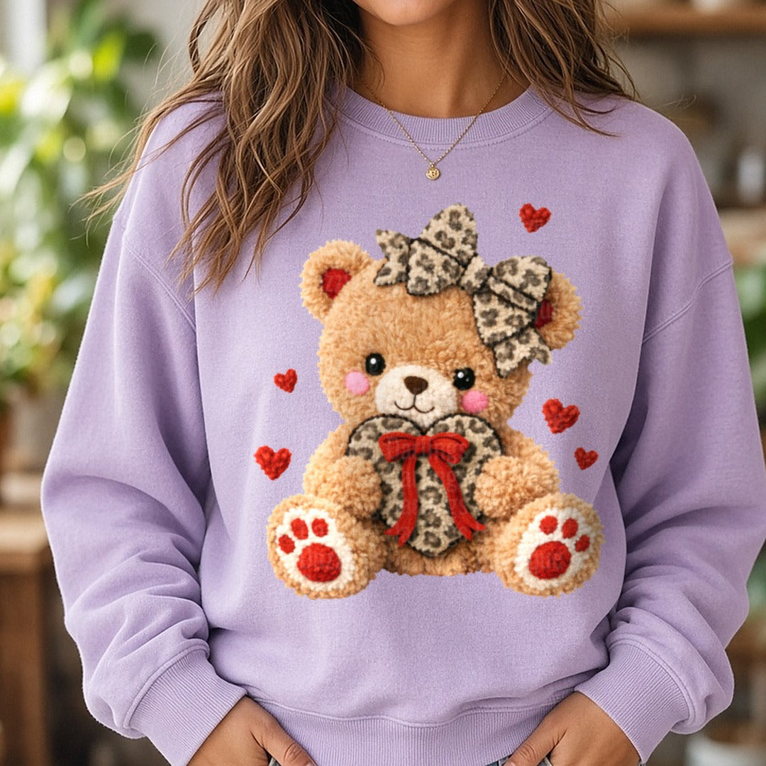Girl Teddy Bear Valentines Day DTF transfer shown on a Comfort Colors sweatshirt