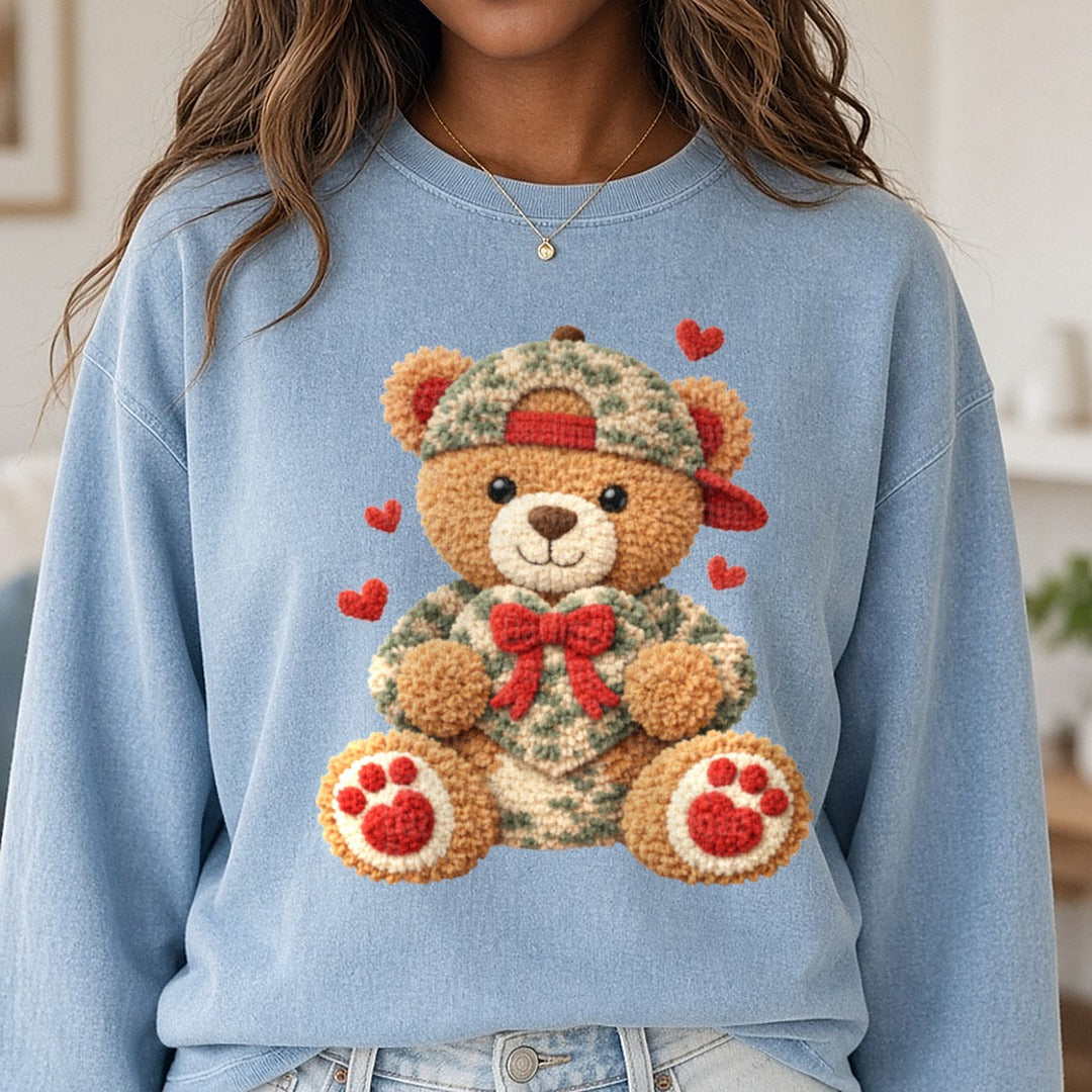 Boy Teddy Bear Valentines Day DTF transfer shown on a Comfort Colors sweatshirt