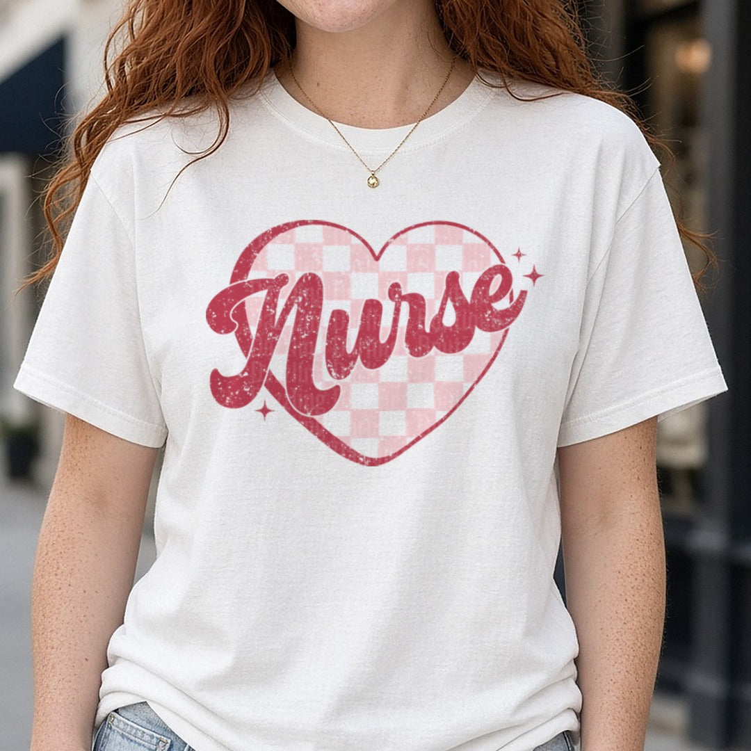 Nurse Heart Retro Valentines Day DTF transfer shown on a Comfort Colors tee