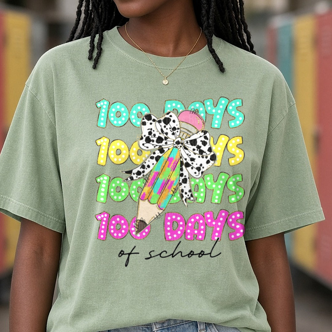 100 Days of School DTF transfer shown on a Comfort Colors tee