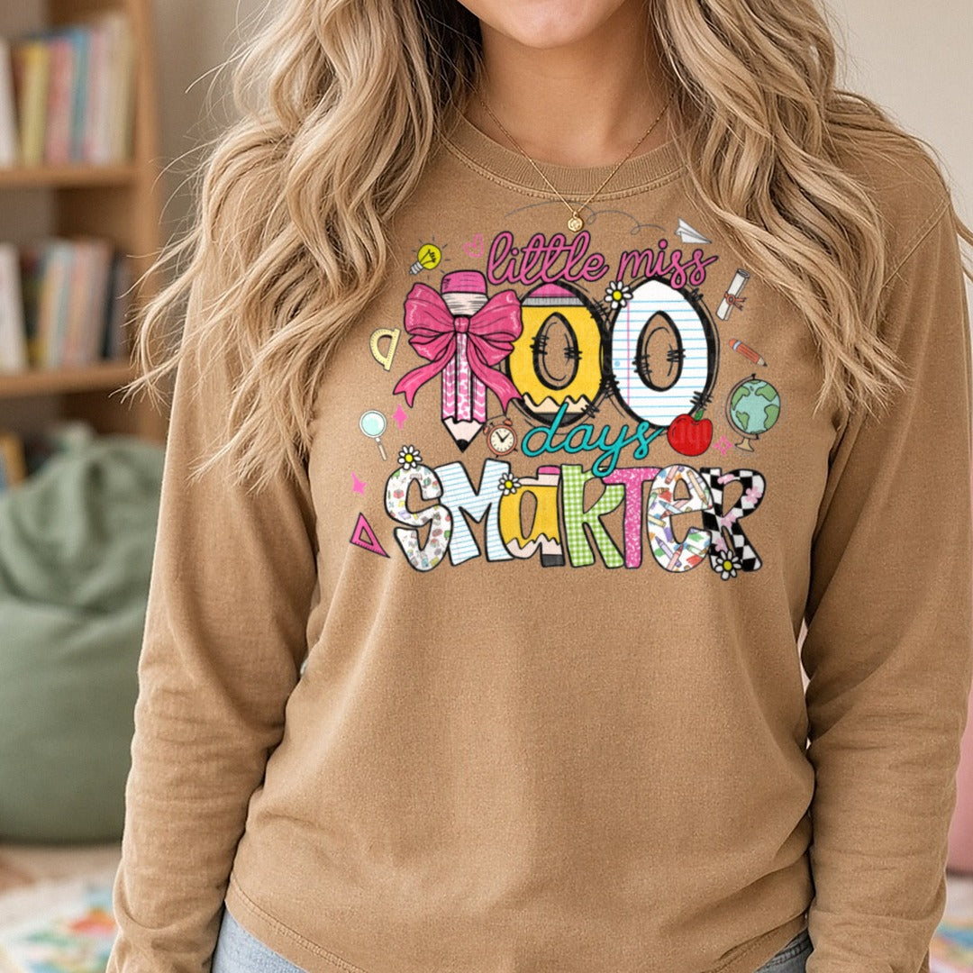 100 Days of School DTF transfer shown on a Comfort Colors long sleeve tee