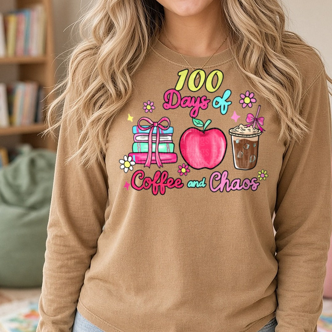 100 Days of School DTF transfer shown on a Comfort Colors long sleeve tee