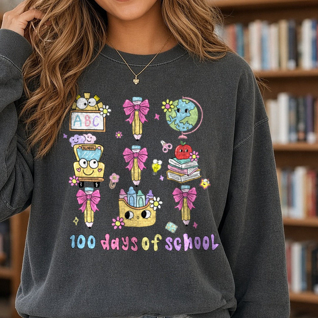 100 Days of School DTF transfer shown on a Comfort Colors sweatshirt