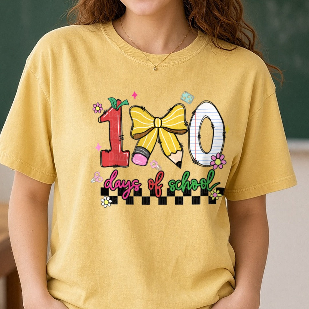 100 Days of School DTF transfer shown on a Comfort Colors tee