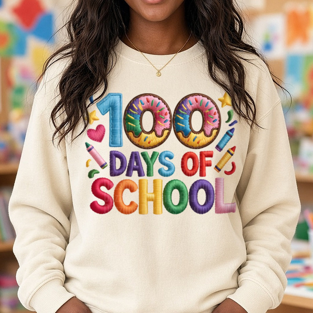 100 Days of School DTF transfer shown on a Comfort Colors sweatshirt