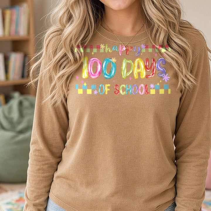 100 Days of School DTF transfer shown on a Comfort Colors long sleeve tee