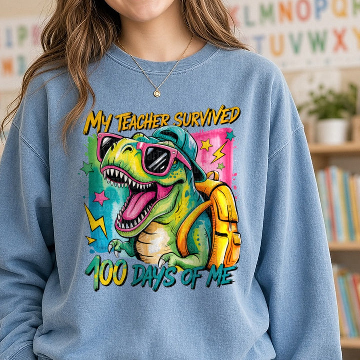 100 Days of School DTF transfer shown on a Comfort Colors sweatshirt