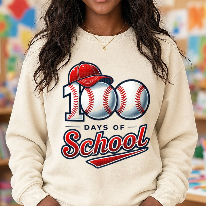 100 Days of School DTF transfer shown on a Comfort Colors sweatshirt
