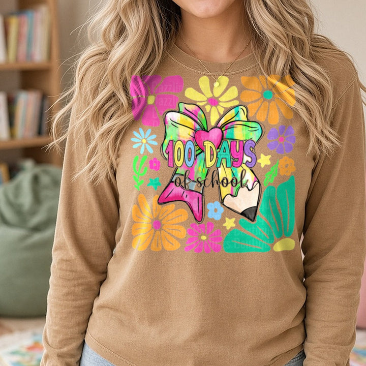 100 Days of School DTF transfer shown on a Comfort Colors long sleeve tee
