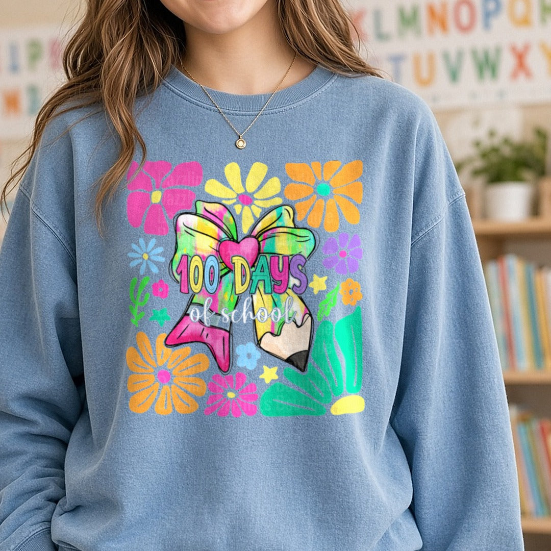 100 Days of School DTF transfer shown on a Comfort Colors sweatshirt