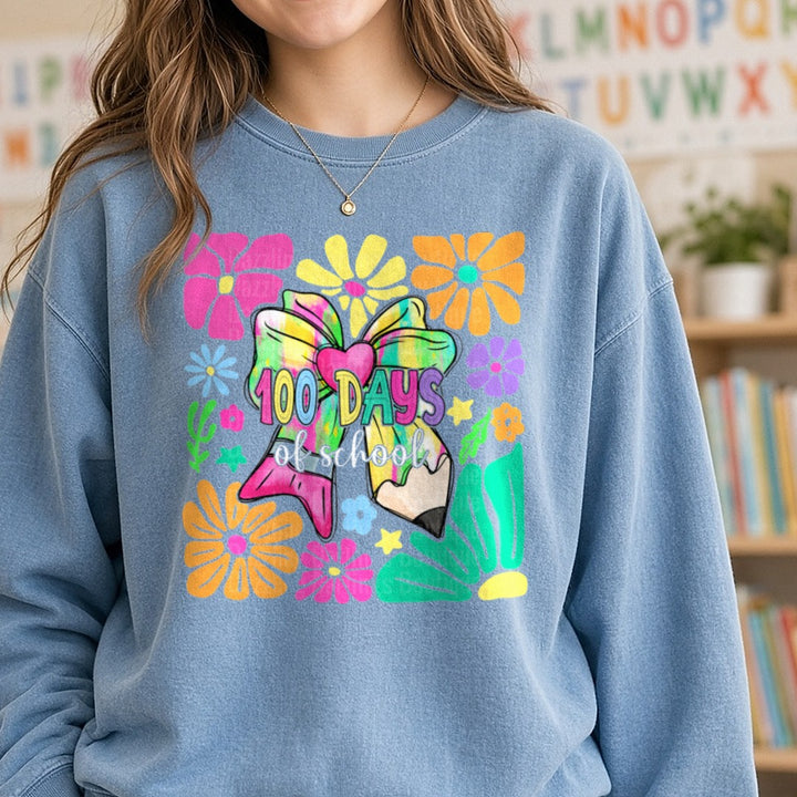 100 Days of School DTF transfer shown on a Comfort Colors sweatshirt