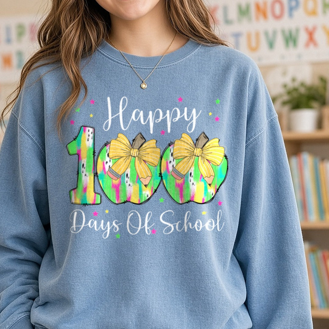 100 Days of School DTF transfer shown on a Comfort Colors sweatshirt