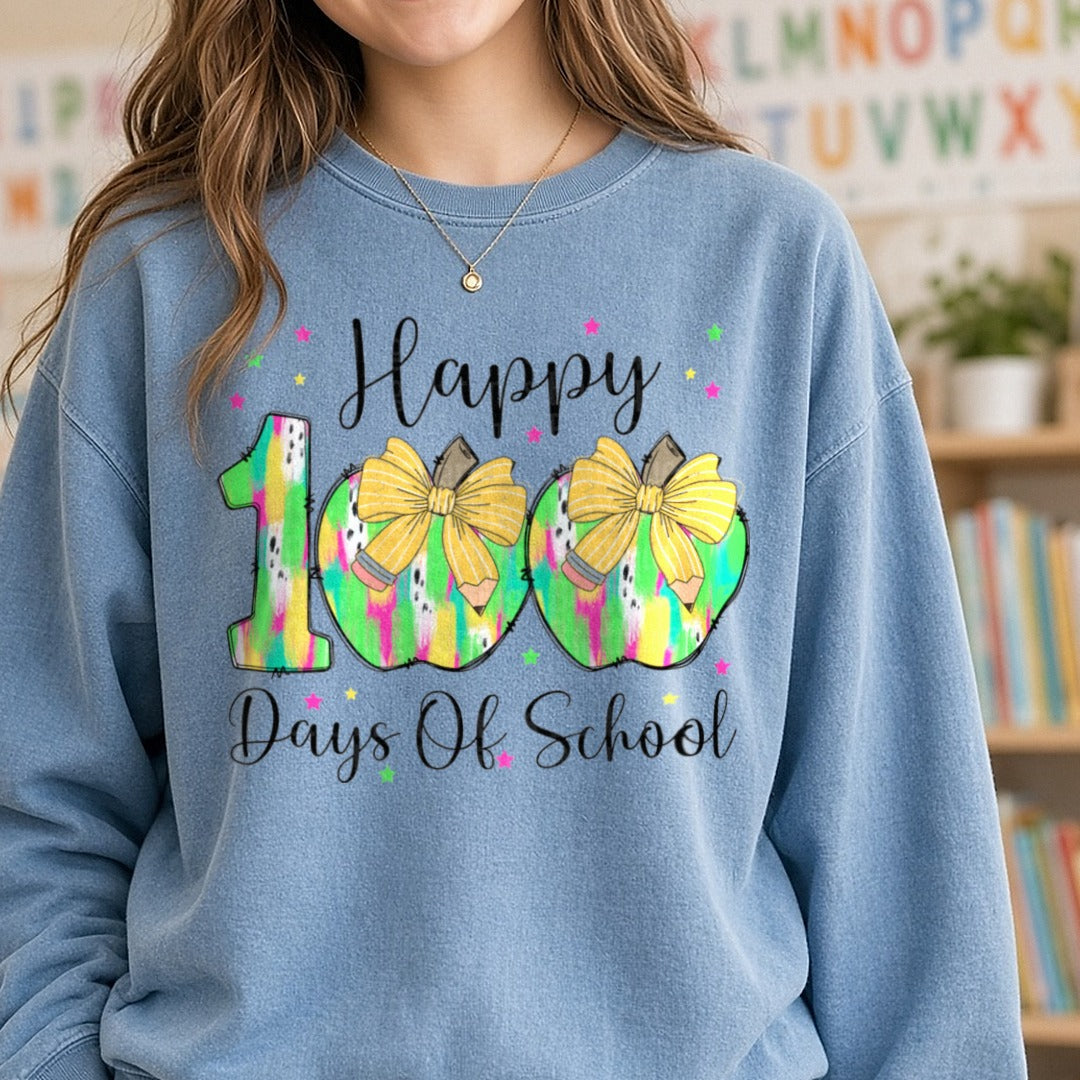 100 Days of School DTF transfer shown on a Comfort Colors sweatshirt