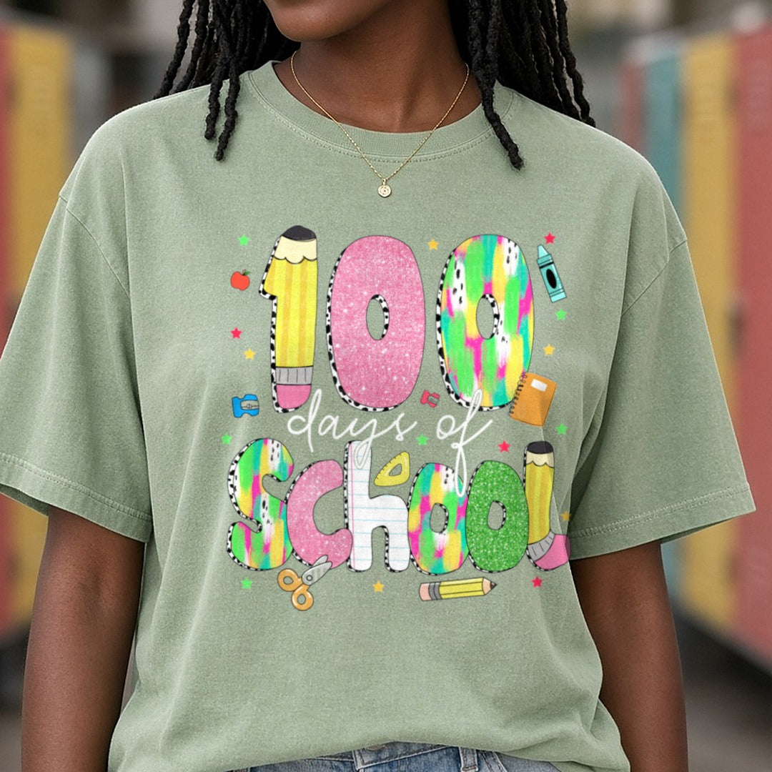 100 DAYS OF SCHOO Lsingle DTF transfer shown on a Comfort Colors tee