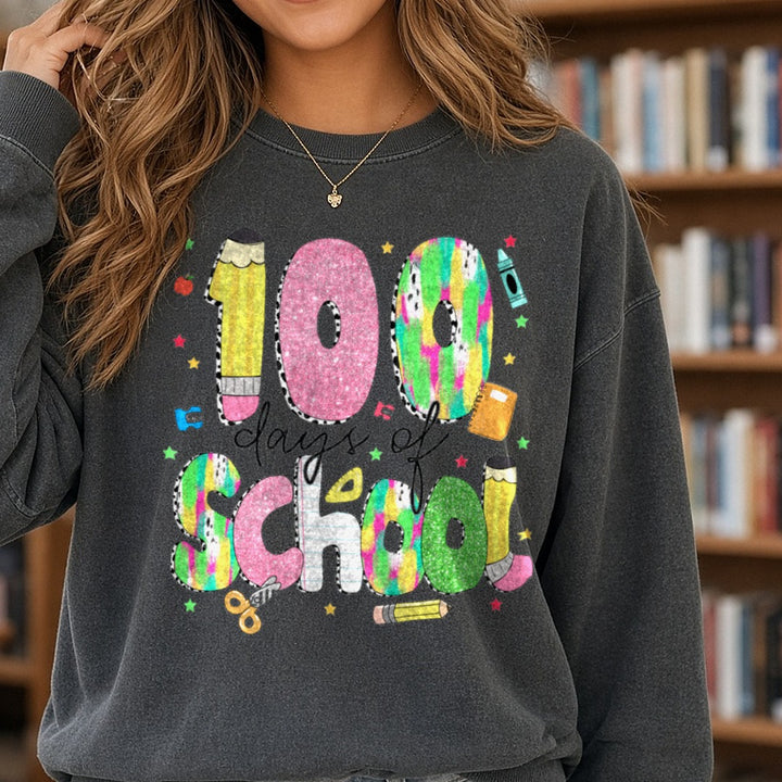 100 Days of School DTF transfer shown on a Comfort Colors sweatshirt