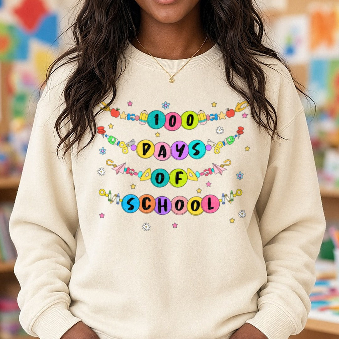 100 Days of School DTF transfer shown on a Comfort Colors sweatshirt