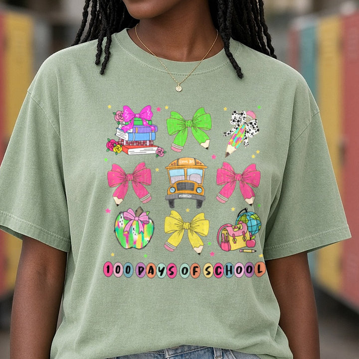 100 Days of School DTF transfer shown on a Comfort Colors tee