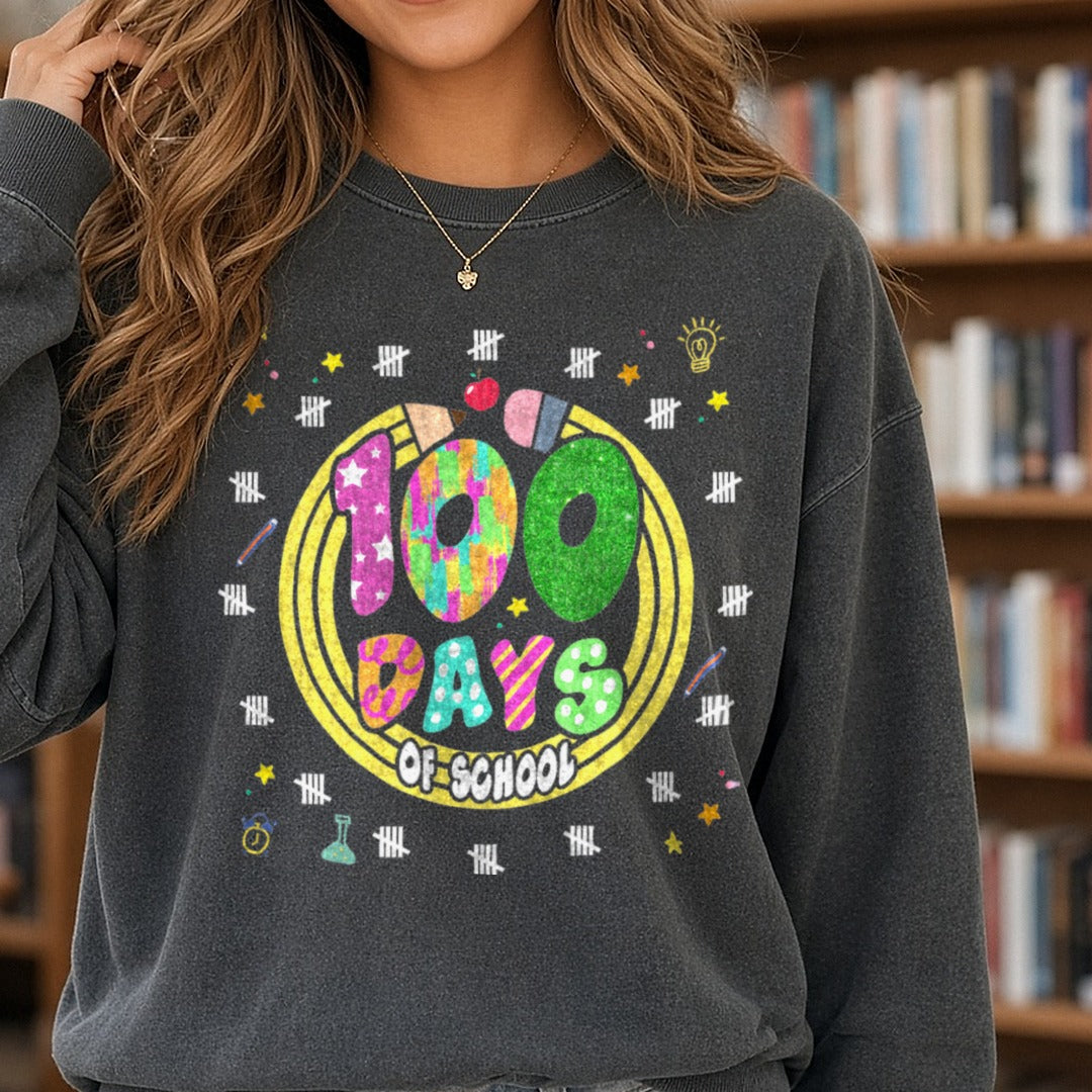 100 Days of School DTF transfer shown on a Comfort Colors sweatshirt
