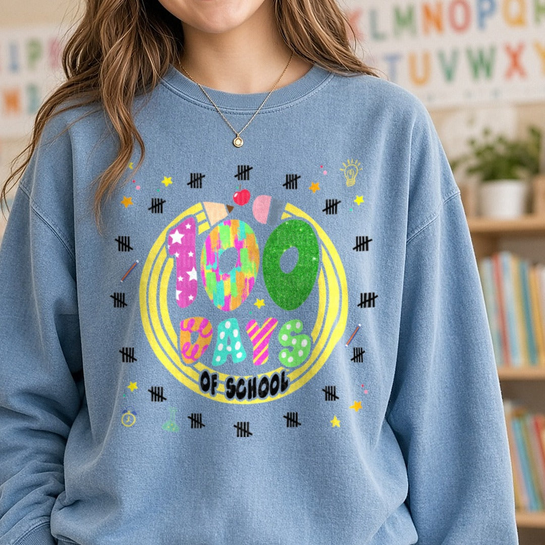 100 Days of School DTF transfer shown on a Comfort Colors sweatshirt