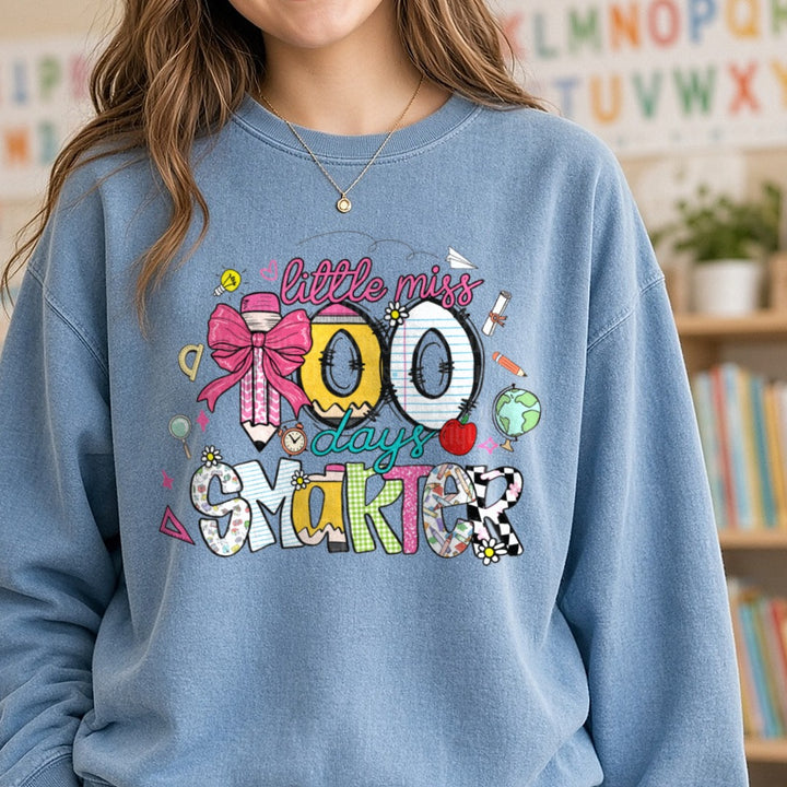 100 Days of School DTF transfer shown on a Comfort Colors sweatshirt