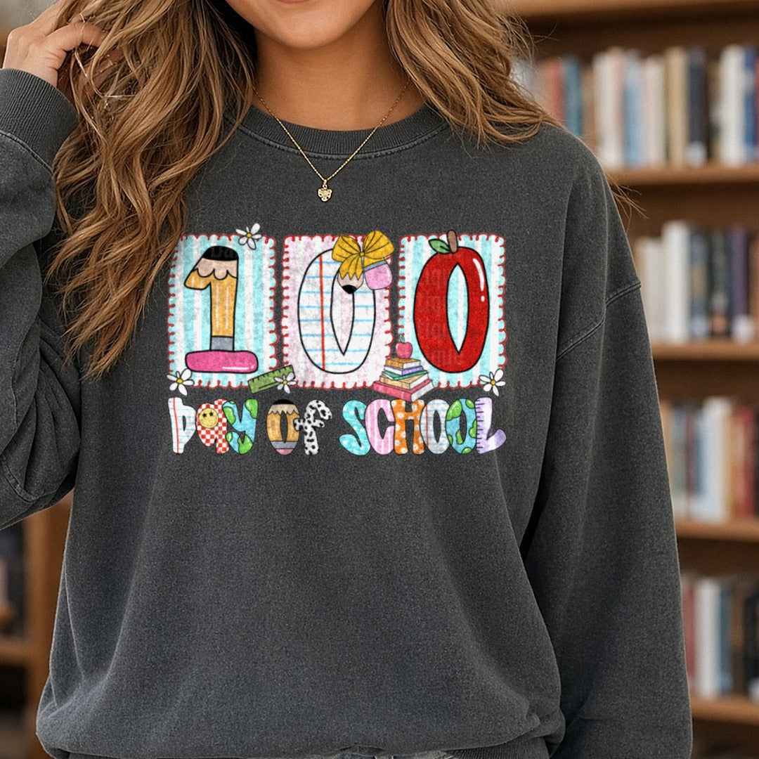 100 Days of School DTF transfer shown on a Comfort Colors sweatshirt