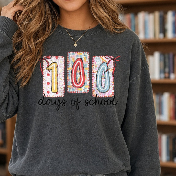 100 Days of School DTF transfer shown on a Comfort Colors sweatshirt