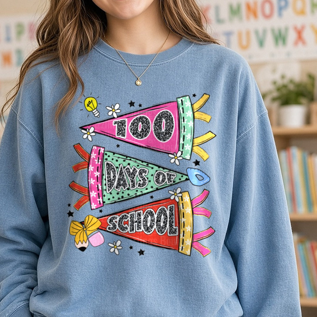 100 Days of School DTF transfer shown on a Comfort Colors sweatshirt