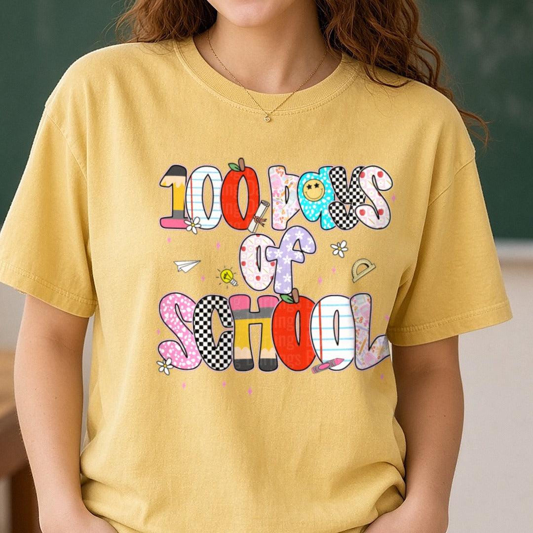 100 Days of School DTF transfer shown on a Comfort Colors tee