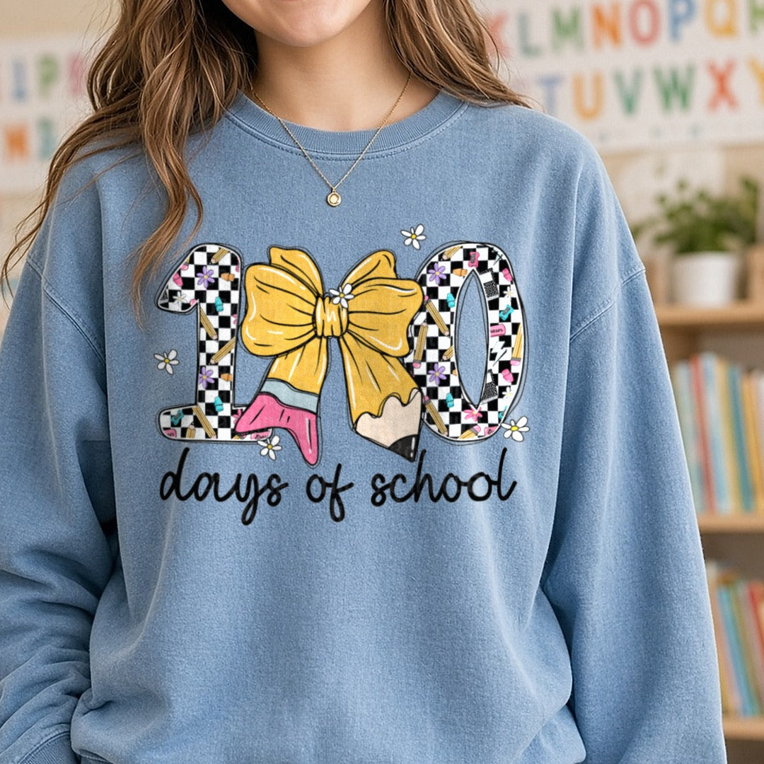 100 Days of School DTF transfer shown on a Comfort Colors sweatshirt