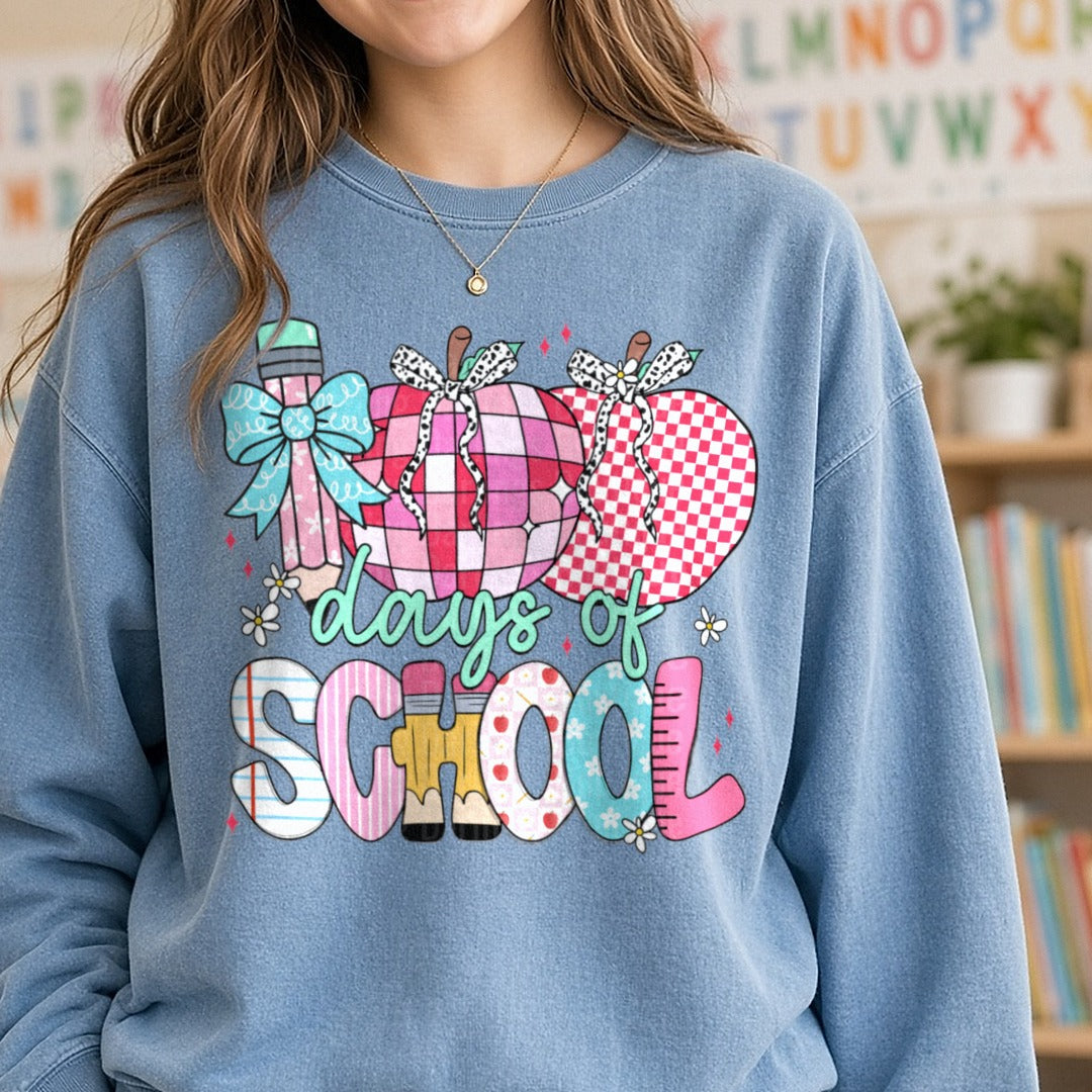 100 Days of School DTF transfer shown on a Comfort Colors sweatshirt