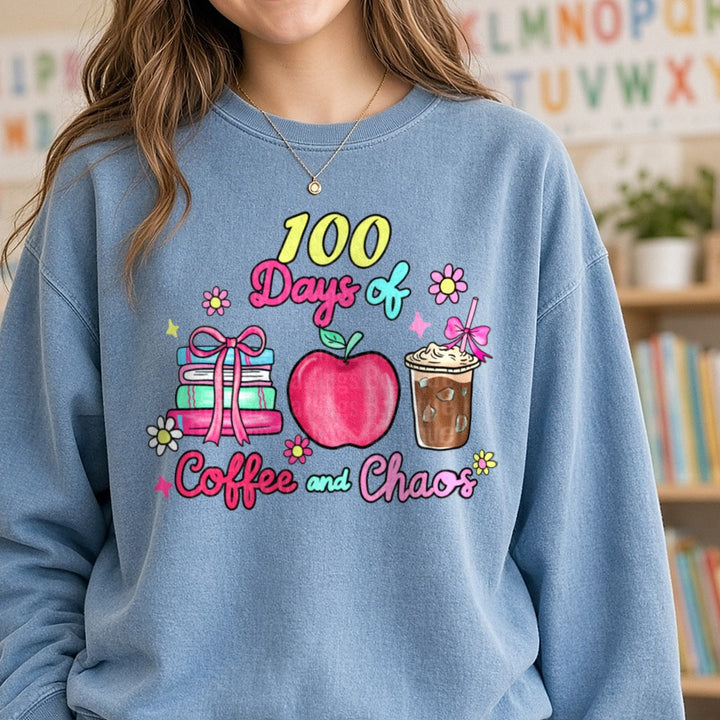 100 Days of School DTF transfer shown on a Comfort Colors sweatshirt
