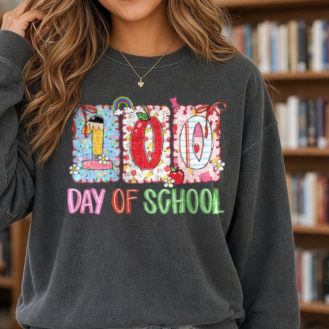 100 Days of School DTF transfer shown on a Comfort Colors sweatshirt