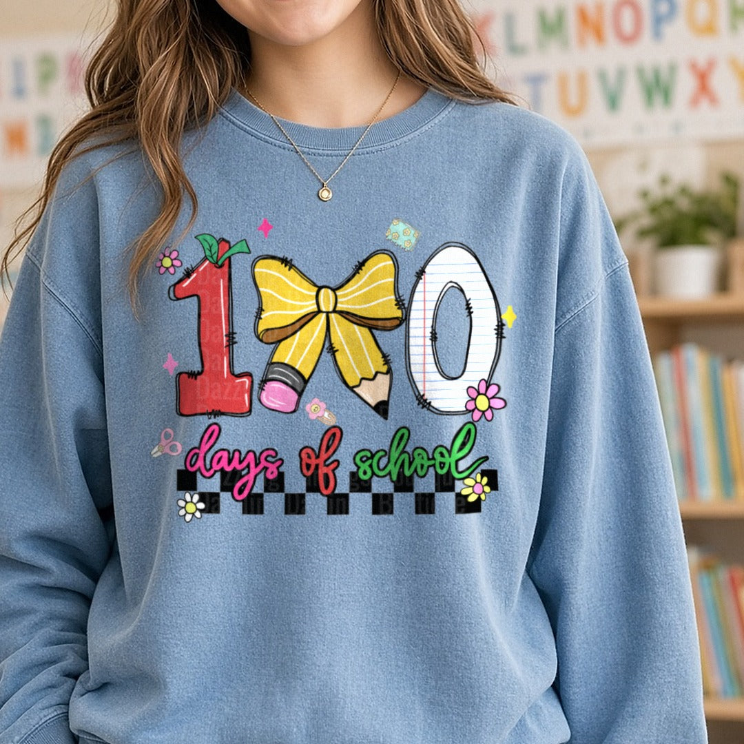 100 Days of School DTF transfer shown on a Comfort Colors sweatshirt
