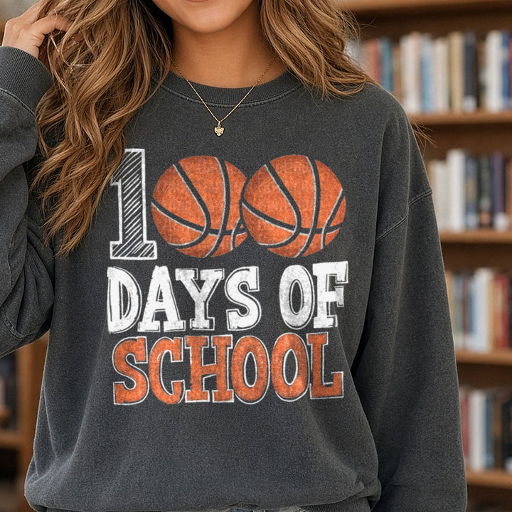 100 Days of School DTF transfer shown on a Comfort Colors sweatshirt