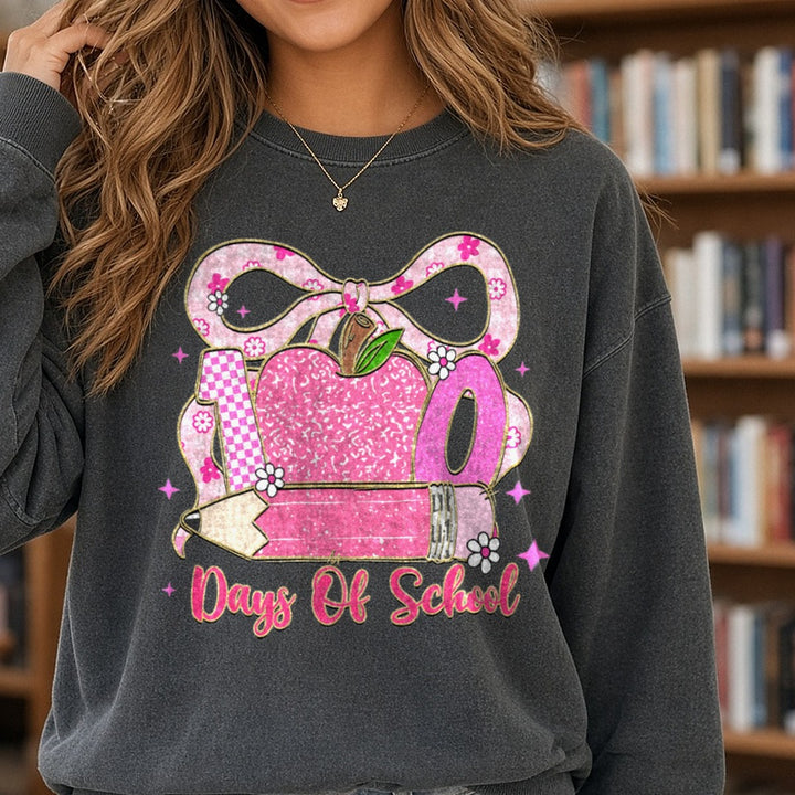 100 Days of School DTF transfer shown on a Comfort Colors sweatshirt