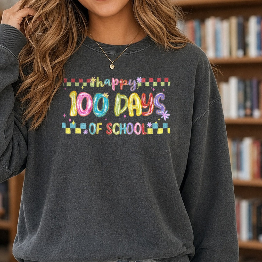 100 Days of School DTF transfer shown on a Comfort Colors sweatshirt