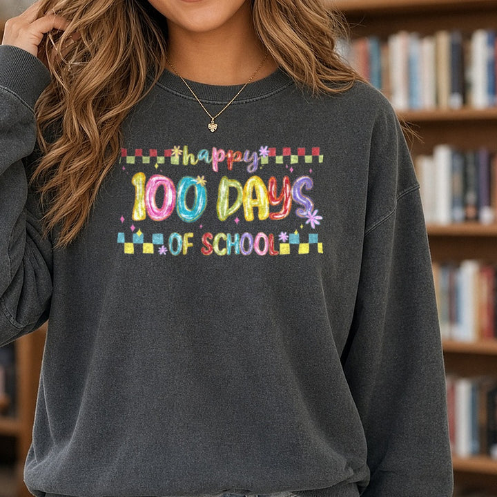 100 Days of School DTF transfer shown on a Comfort Colors sweatshirt