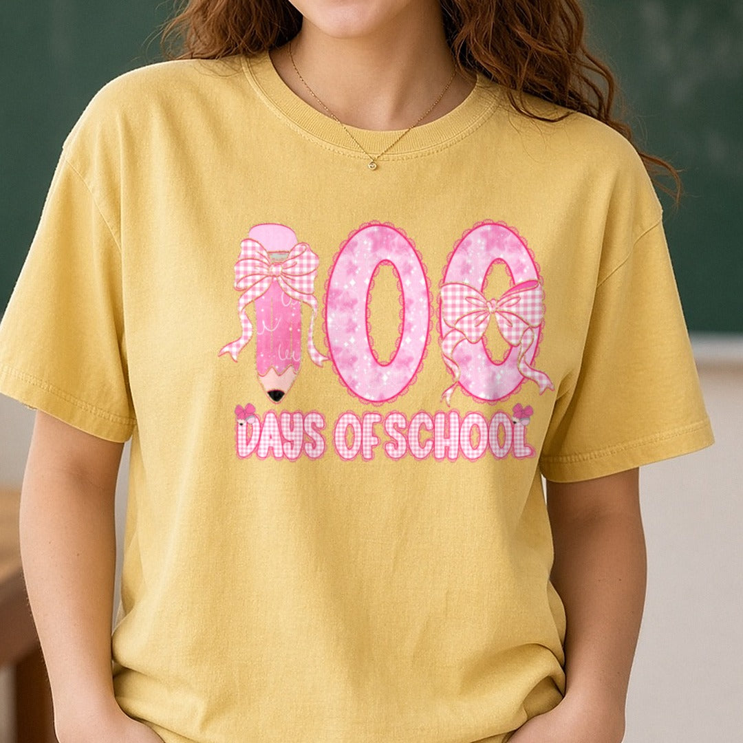 100 Days of School DTF transfer shown on a Comfort Colors tee