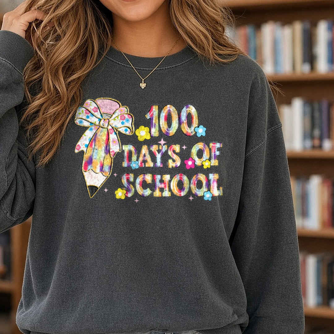 100 Days of School DTF transfer shown on a Comfort Colors sweatshirt