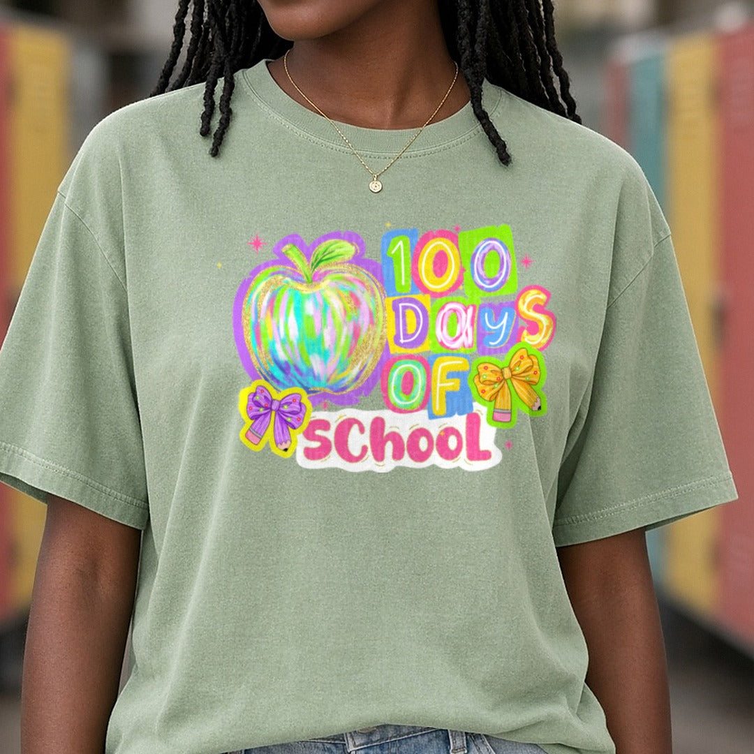 100 Days of School DTF transfer shown on a Comfort Colors tee