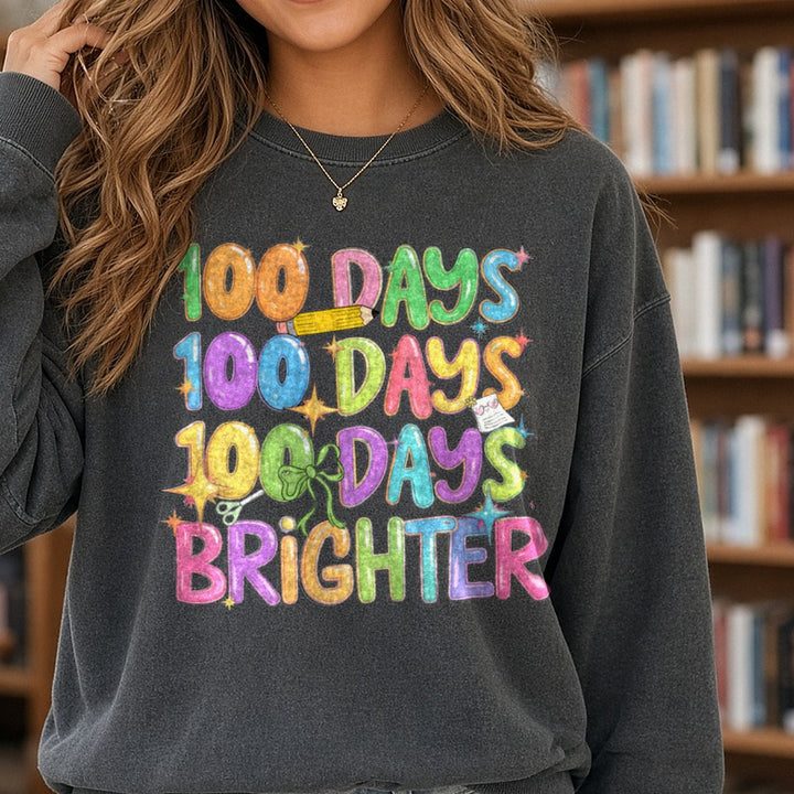 100 Days of School DTF transfer shown on a Comfort Colors sweatshirt